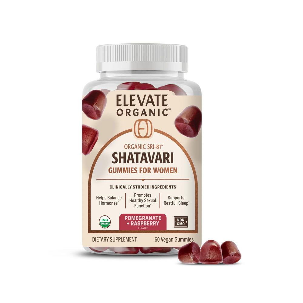 Elevate Organic SRI-81 Shatavari gummies bottle promotes daily vitality