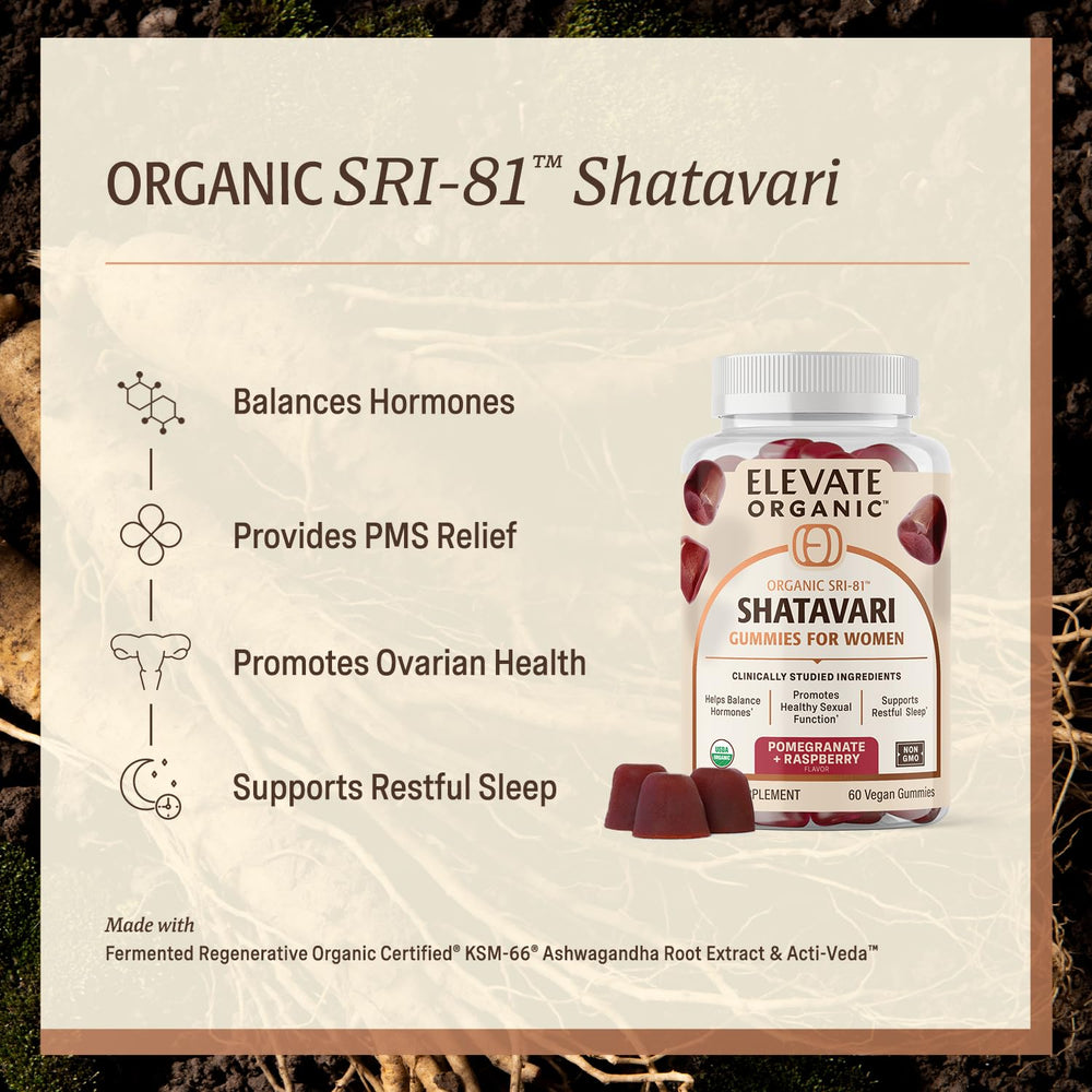 Close-up of label on Elevate SRI-81 gummies highlighting organic ingredients for wellness