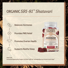 Close-up of label on Elevate SRI-81 gummies highlighting organic ingredients for wellness