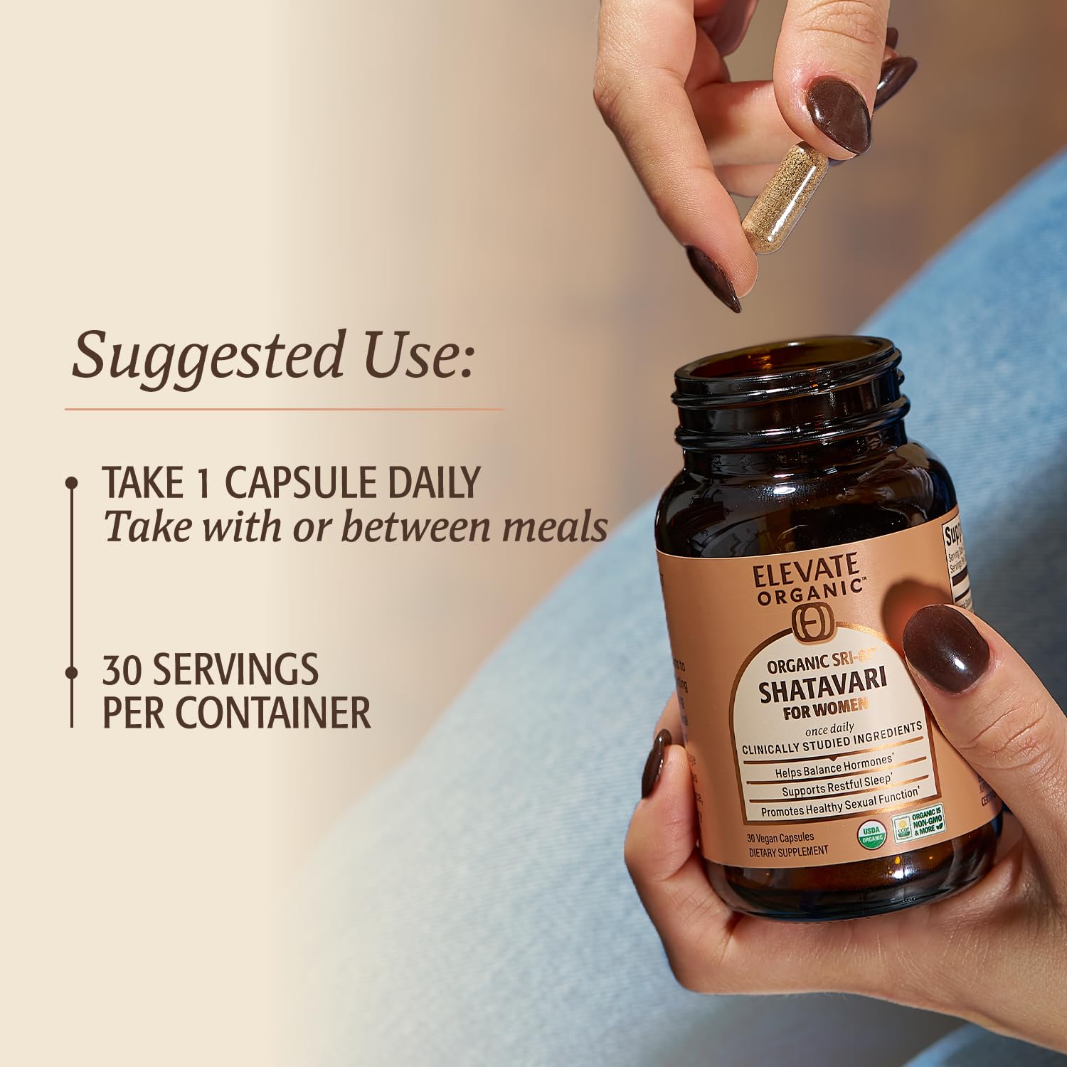 USDA Organic badge on Elevate Organic Shatavari packaging.