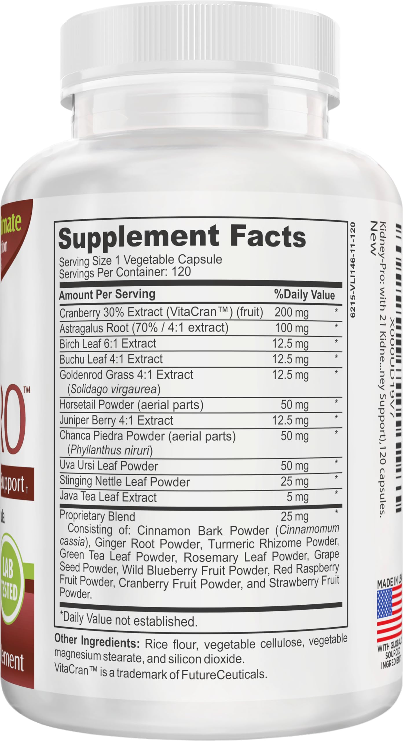 Elevate Recovery KidneyPRO bottle label highlighting 21-ingredient blend for urinary tract wellness.