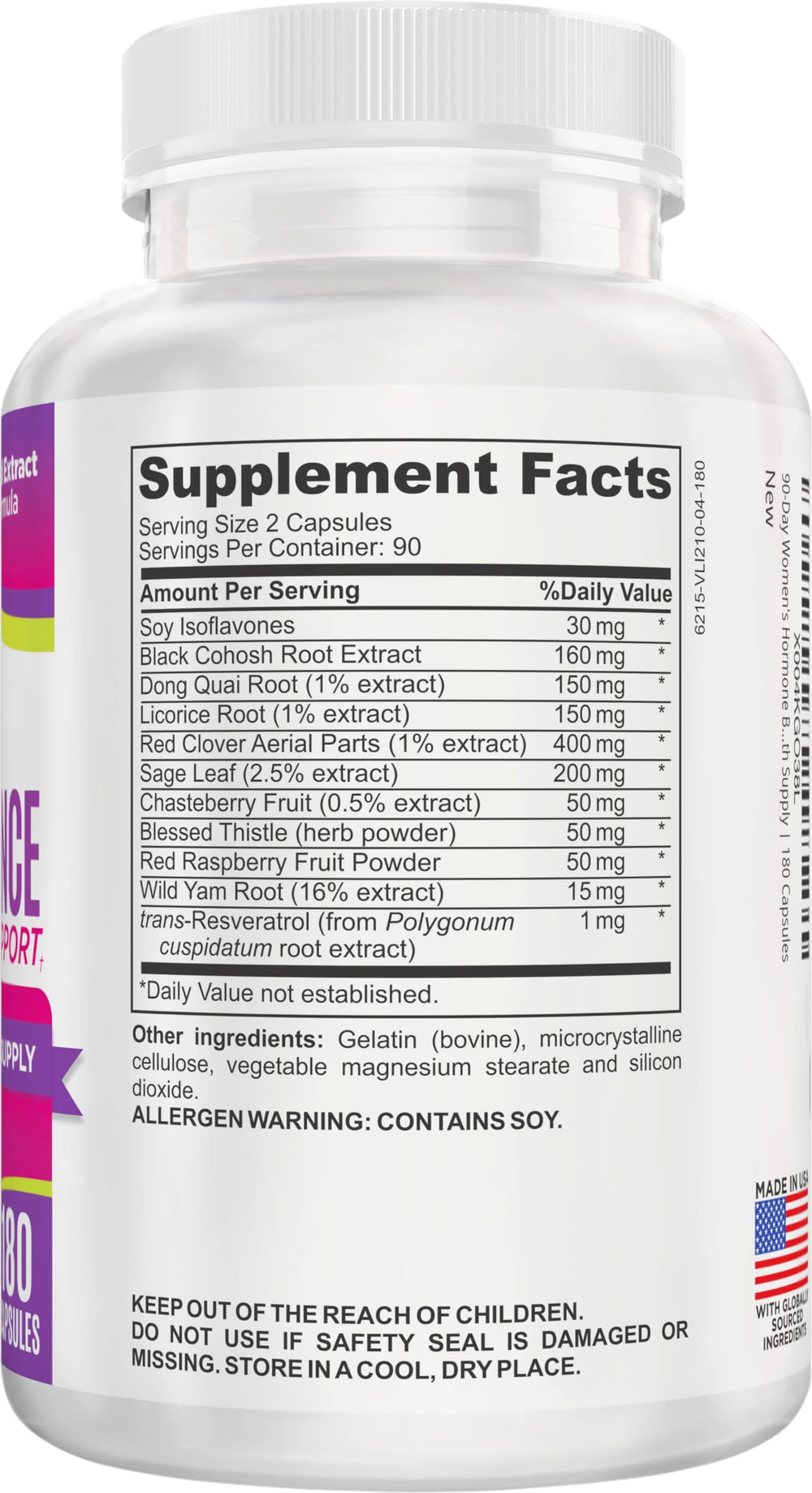 Elevate Women’s Hormone Balance bottle side view with 180 capsules for a 3-month supply