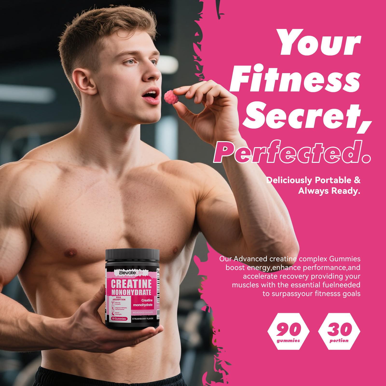 ElevateLife Creatine Gummies box emphasizes portable supplementation.