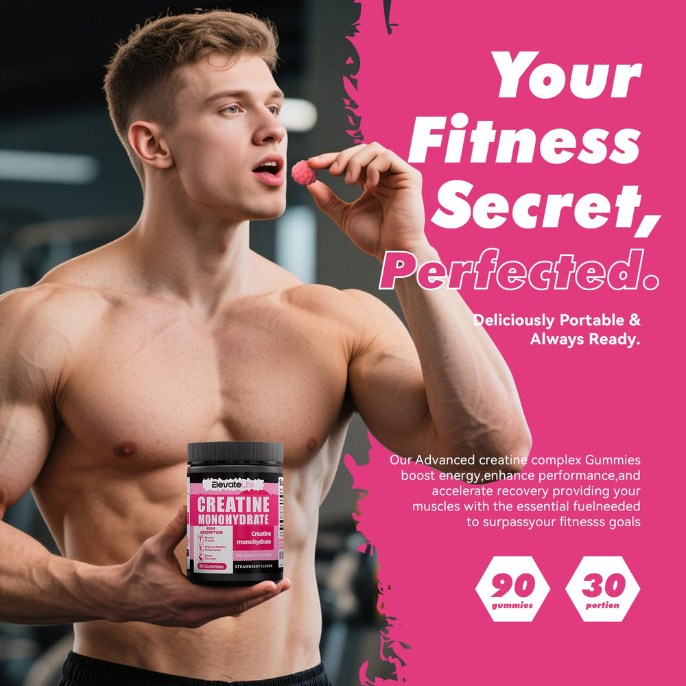 ElevateLife Creatine Gummies box emphasizes portable supplementation.