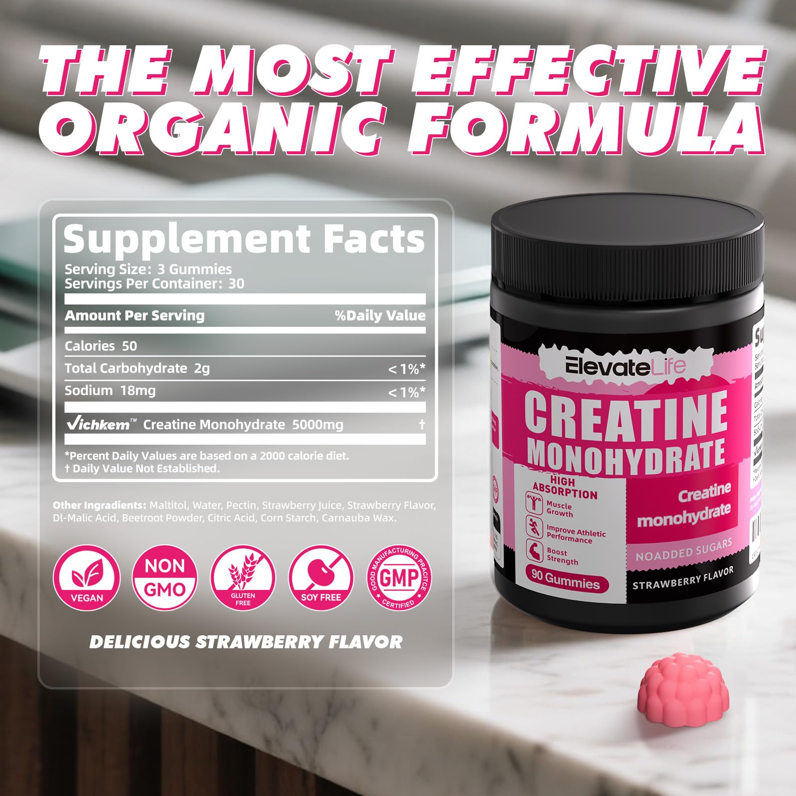 ElevateLife Creatine Gummies close-up texture for quick consumption.