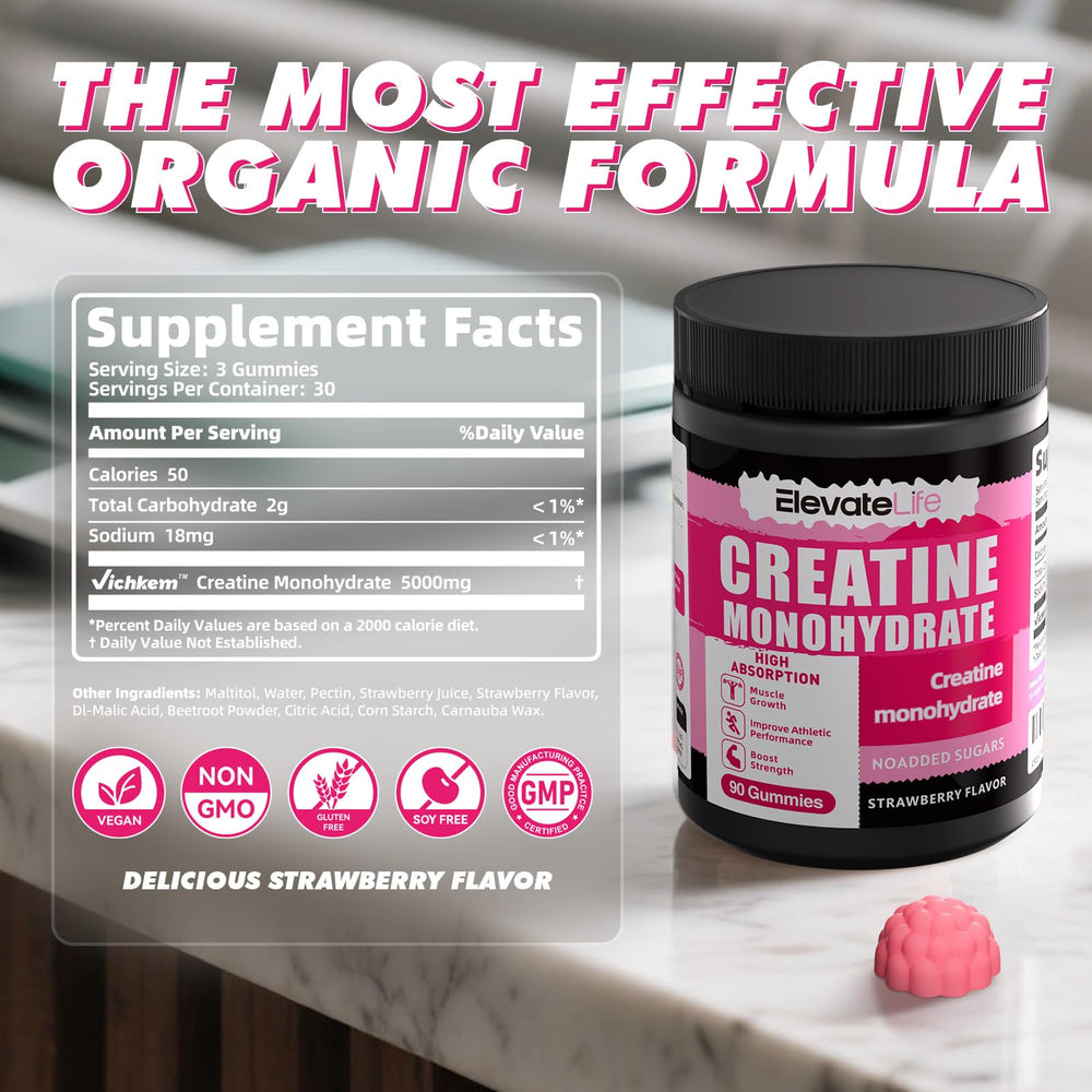 ElevateLife Creatine Gummies close-up texture for quick consumption.
