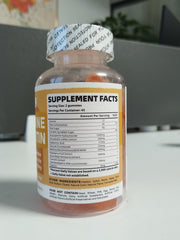 Closeup of orange gummies emphasizing texture and berry flavor.