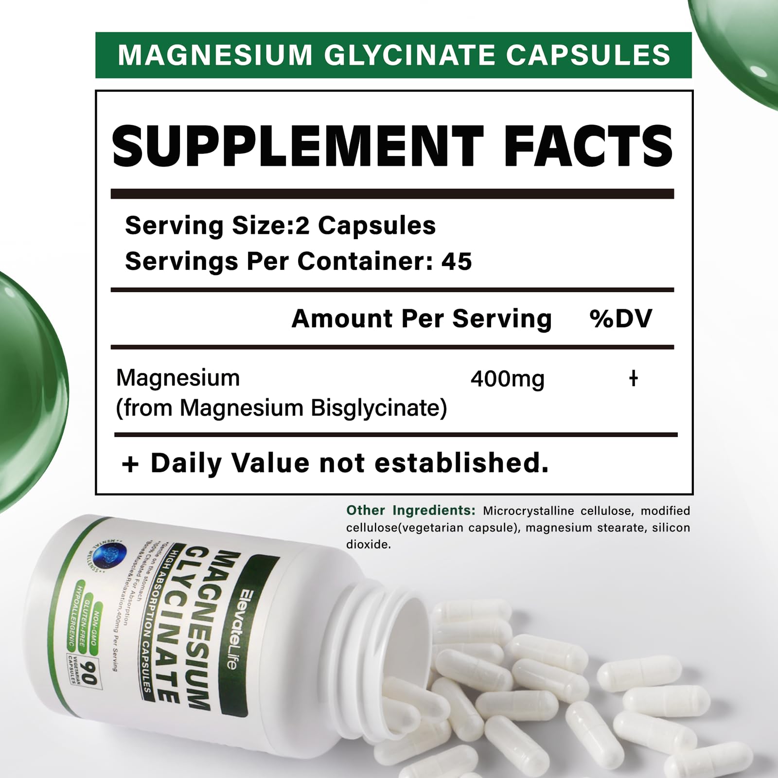 ElevateLife Magnesium Glycinate bottle pour illustrating easy daily dosage