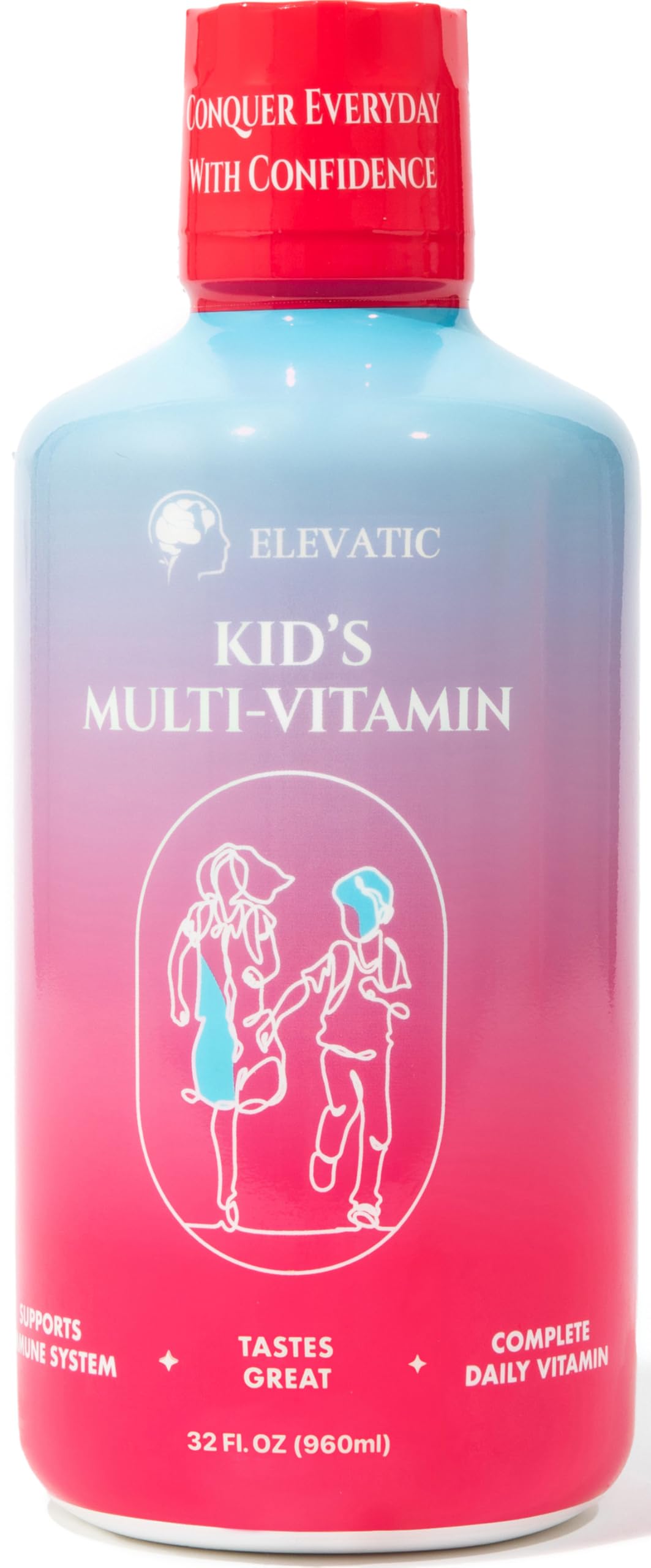 Elevatic Kids multivitamin bottle front showing allergen-free formula for daily nutrition.