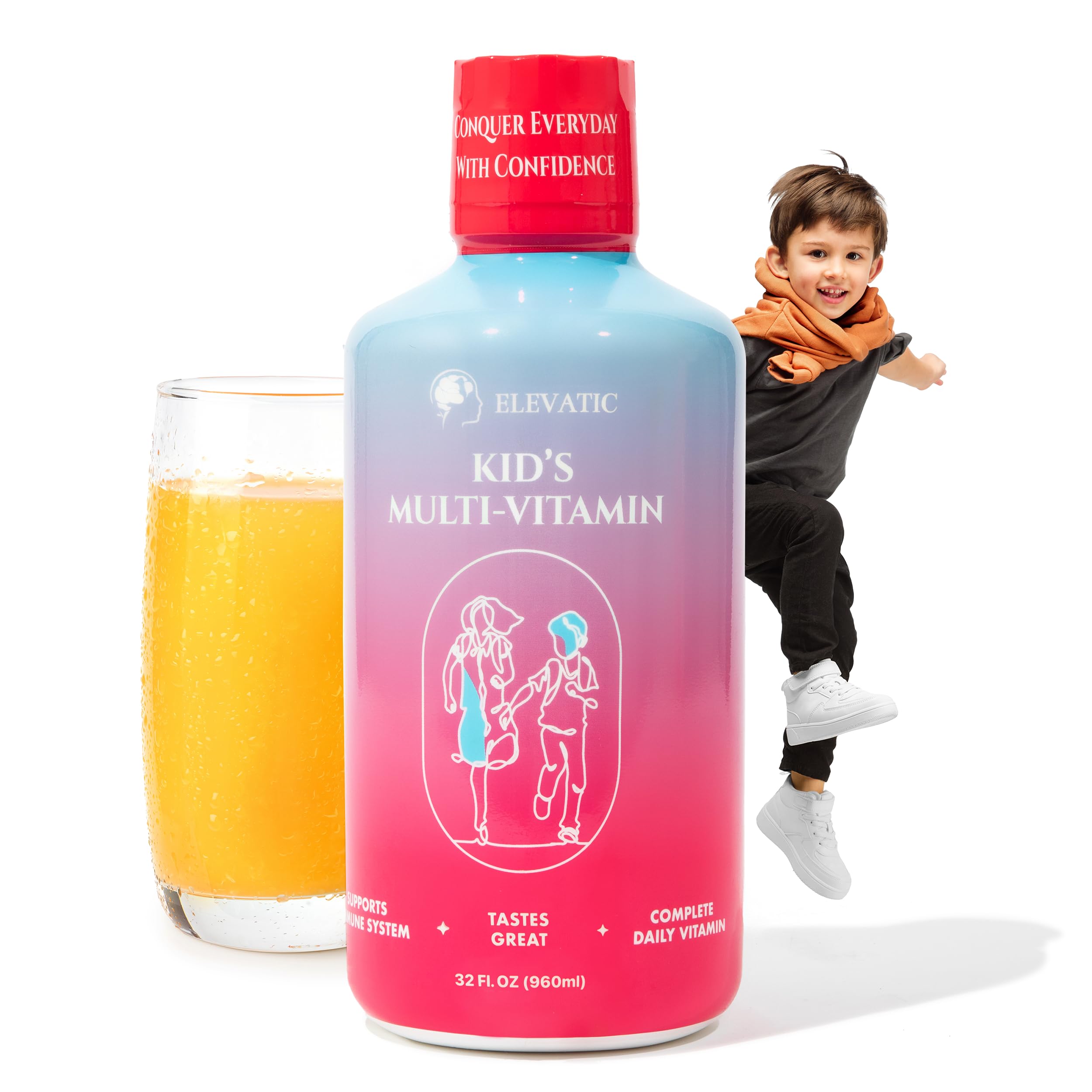 Elevatic Kids multivitamin nutrition label displays vitamins A, C, D, E, B12 and folate.