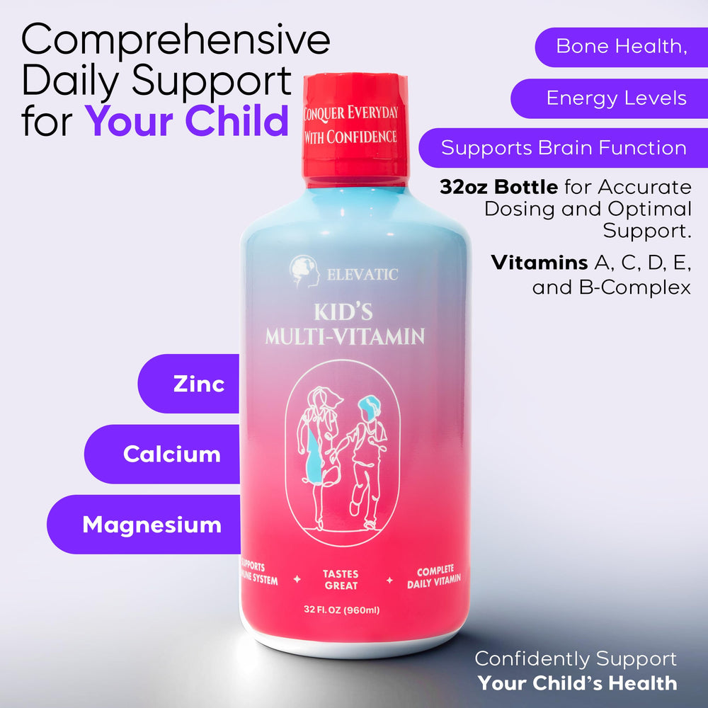 Elevatic Kids multivitamin liquid with kid-friendly taste.