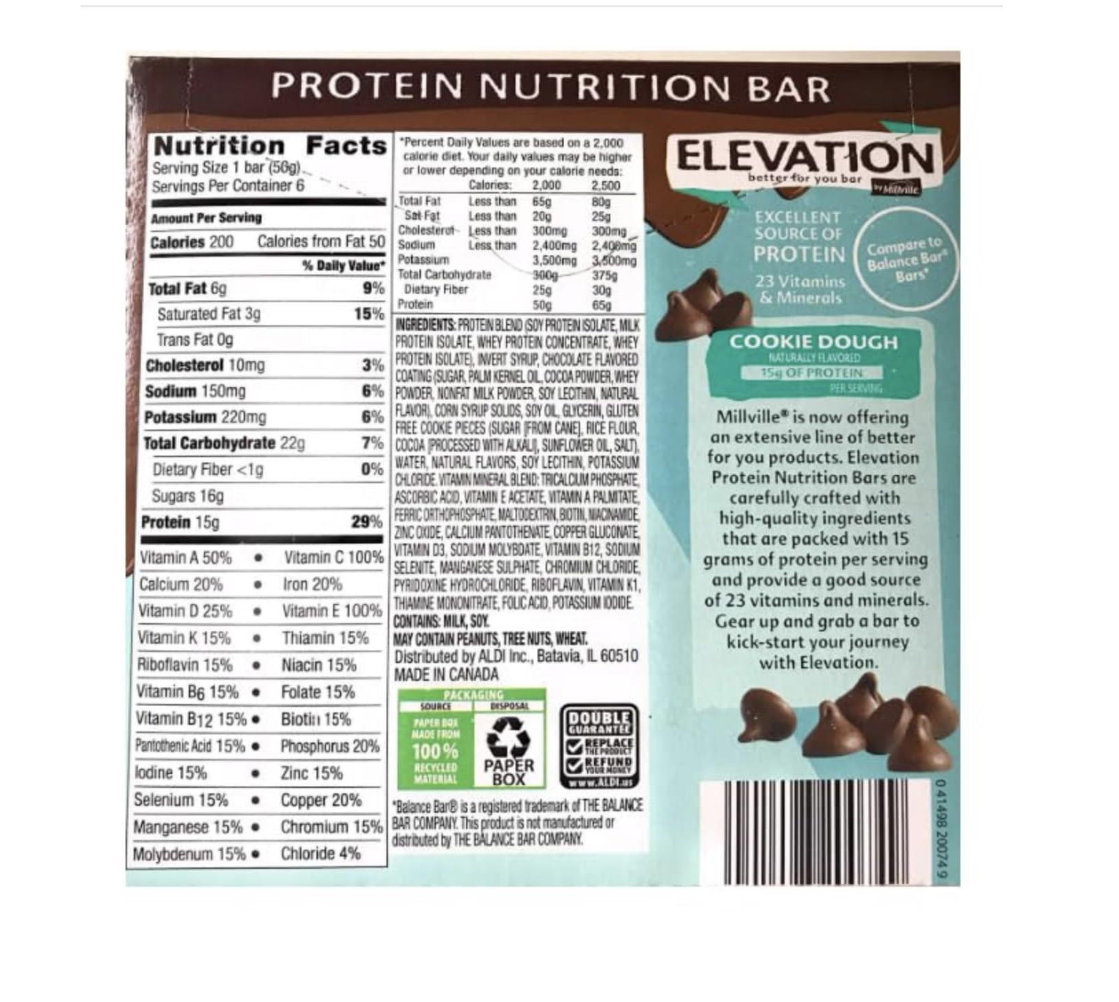Elevation by Millville cookie dough protein bar nutrition label close-up emphasizing 5 g protein per bar.