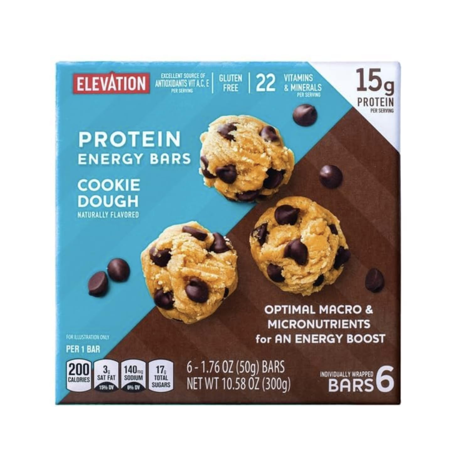 Elevation by Millville cookie dough bar packaging shown for convenient on-the-go snacking.