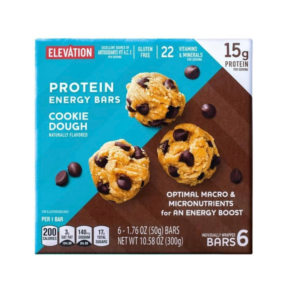 Elevation by Millville cookie dough bar packaging shown for convenient on-the-go snacking.