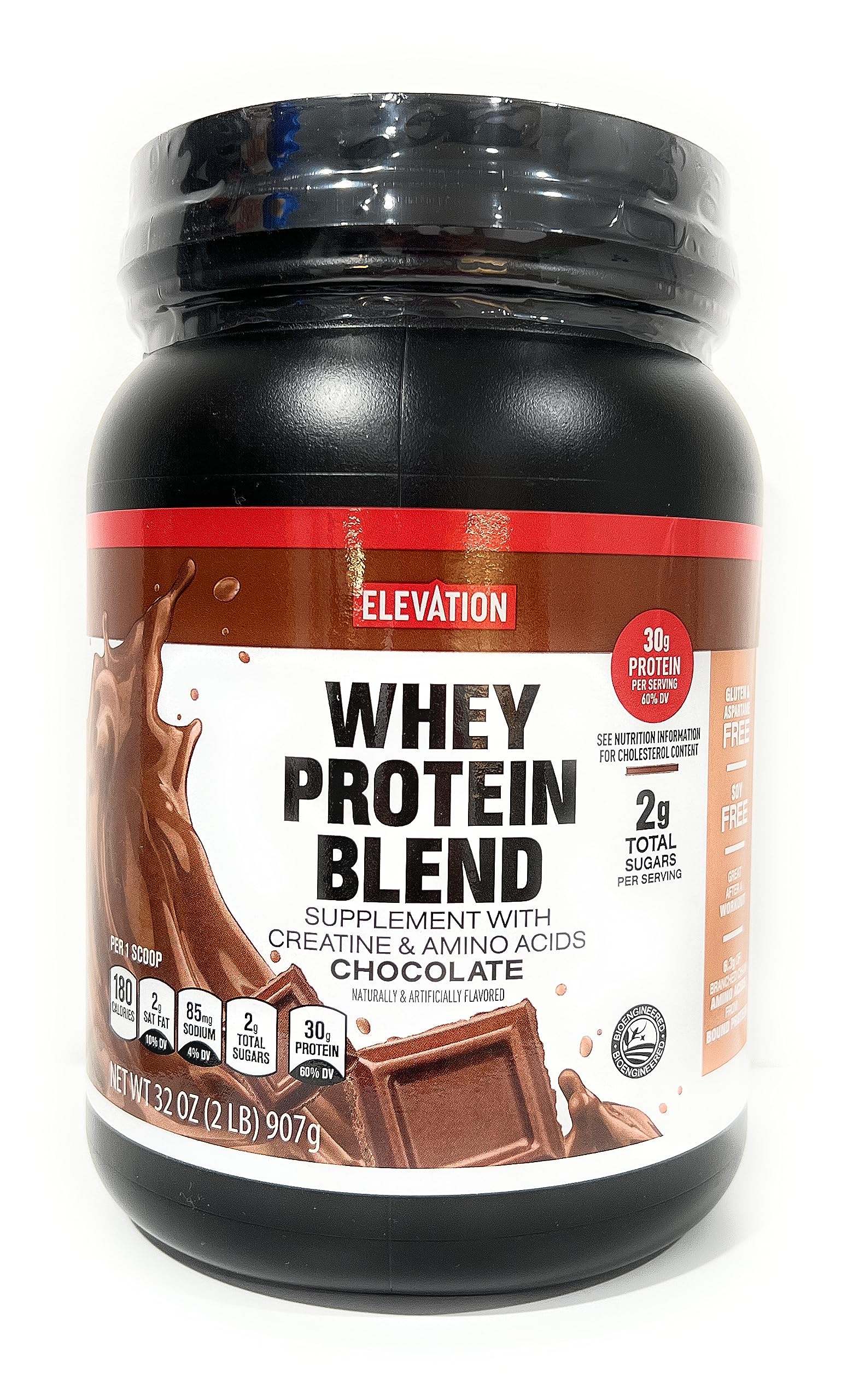 Elevation by Millville chocolate protein powder bottle, 32oz, rich protein content