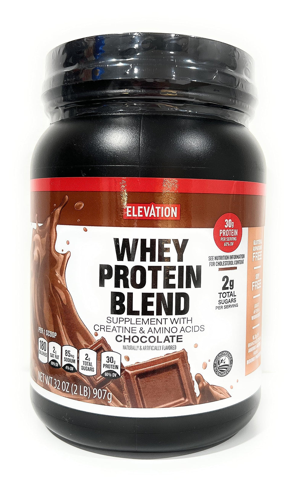 Elevation by Millville chocolate protein powder bottle, 32oz, rich protein content