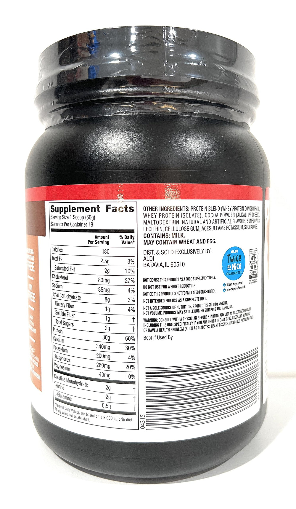Elevation label close-up showing amino acids and creatine details