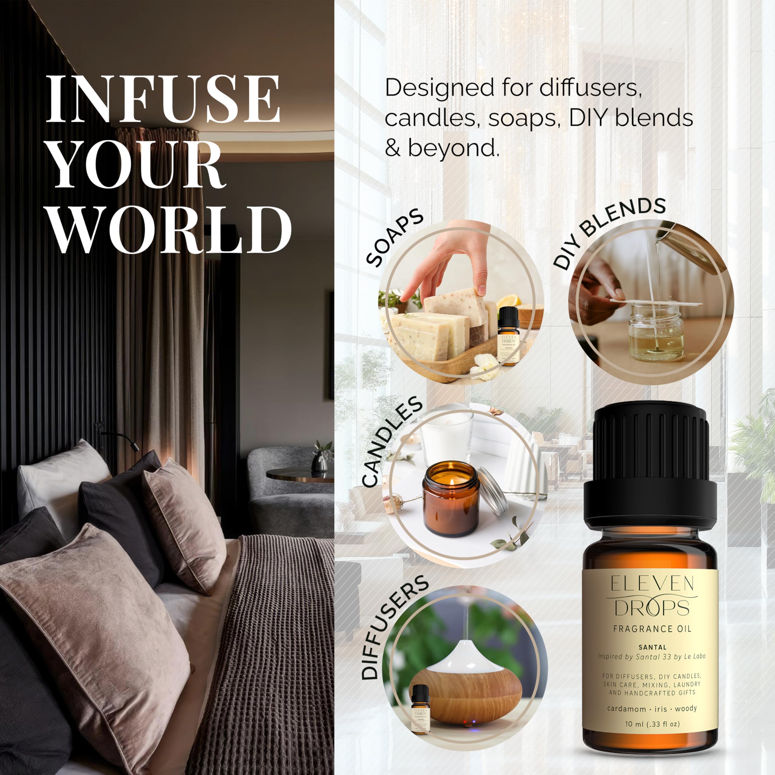 Diffuser setup featuring ELEVEN DROPS Santal Aroma for a calming room scent.