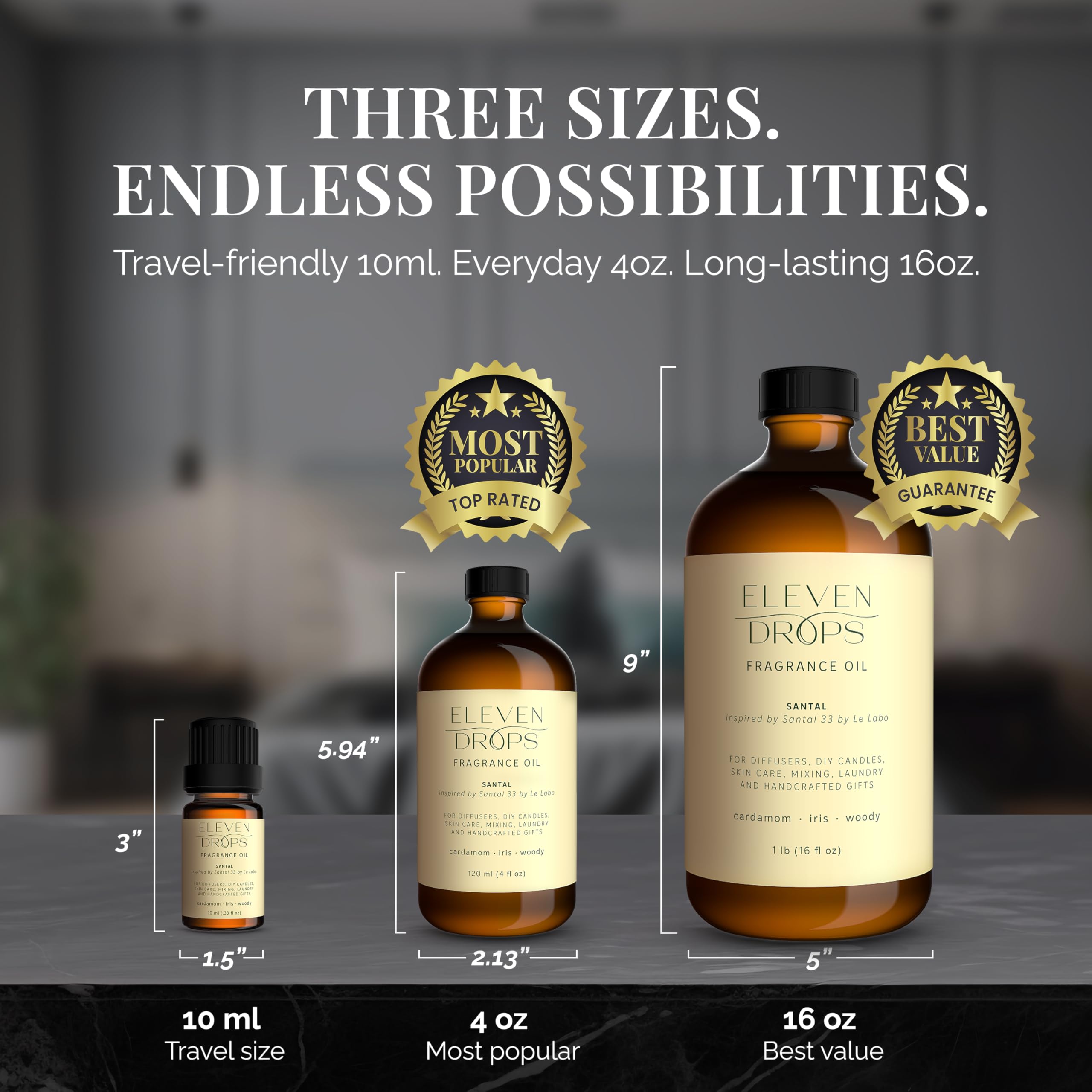 Packaging display showing amber bottle and IFRA compliant formula.