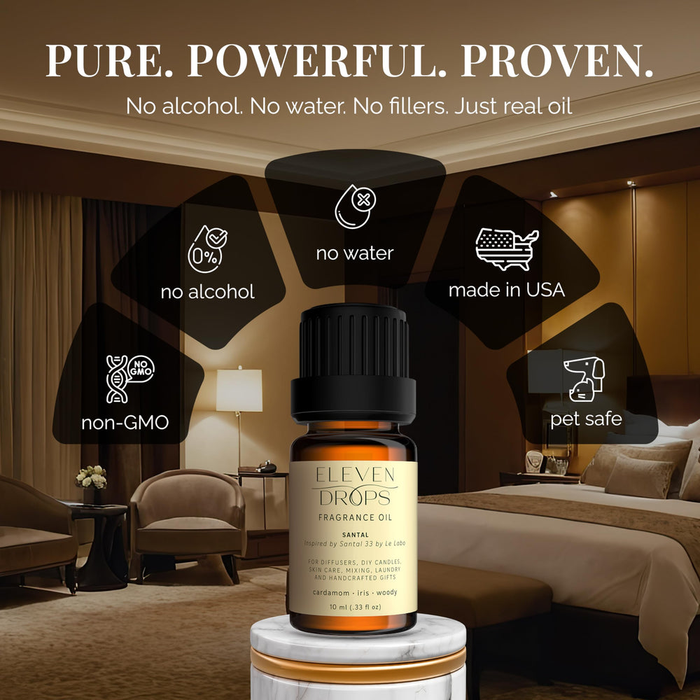 Room spray bottle ready to freshen any space with ELEVEN DROPS Santal Aroma.