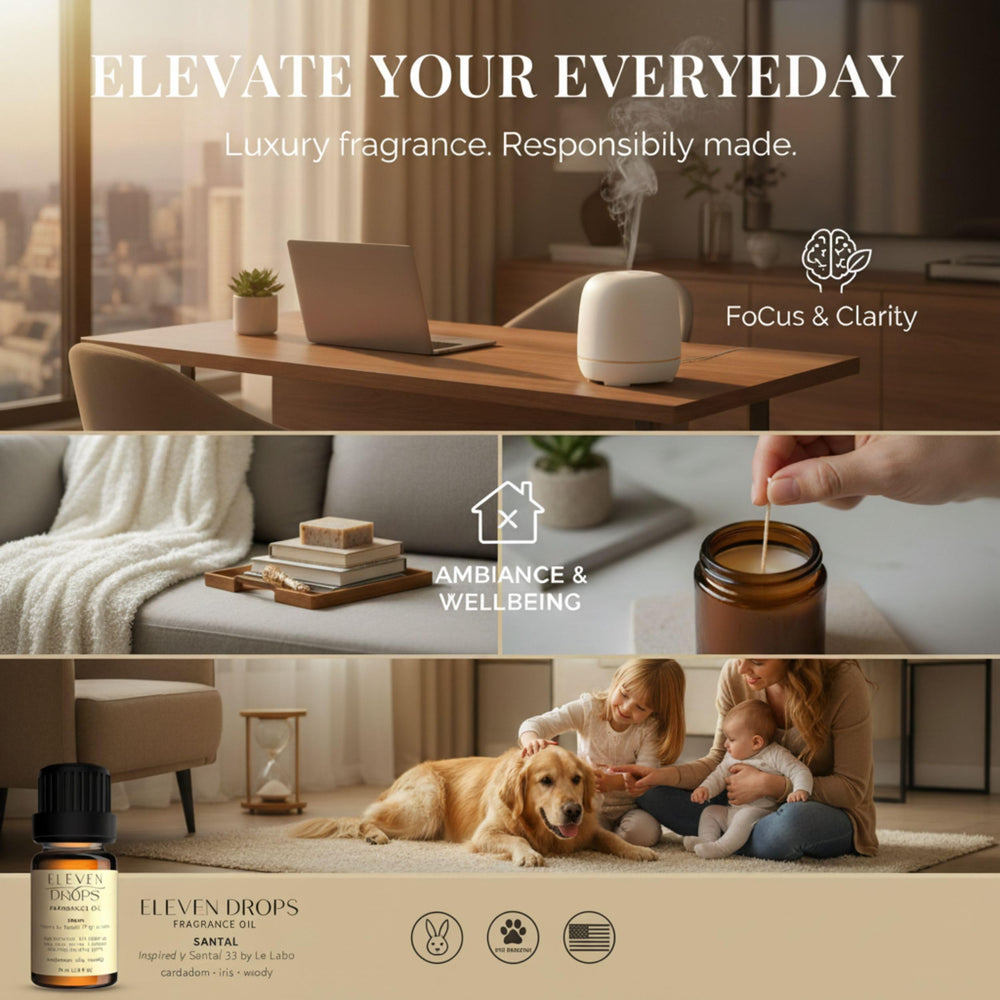 Store display featuring ELEVEN DROPS Santal Aroma for premium fragrance options.
