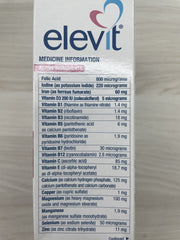 Elevit bottle and label showcases complete prenatal nutrition with iodine.