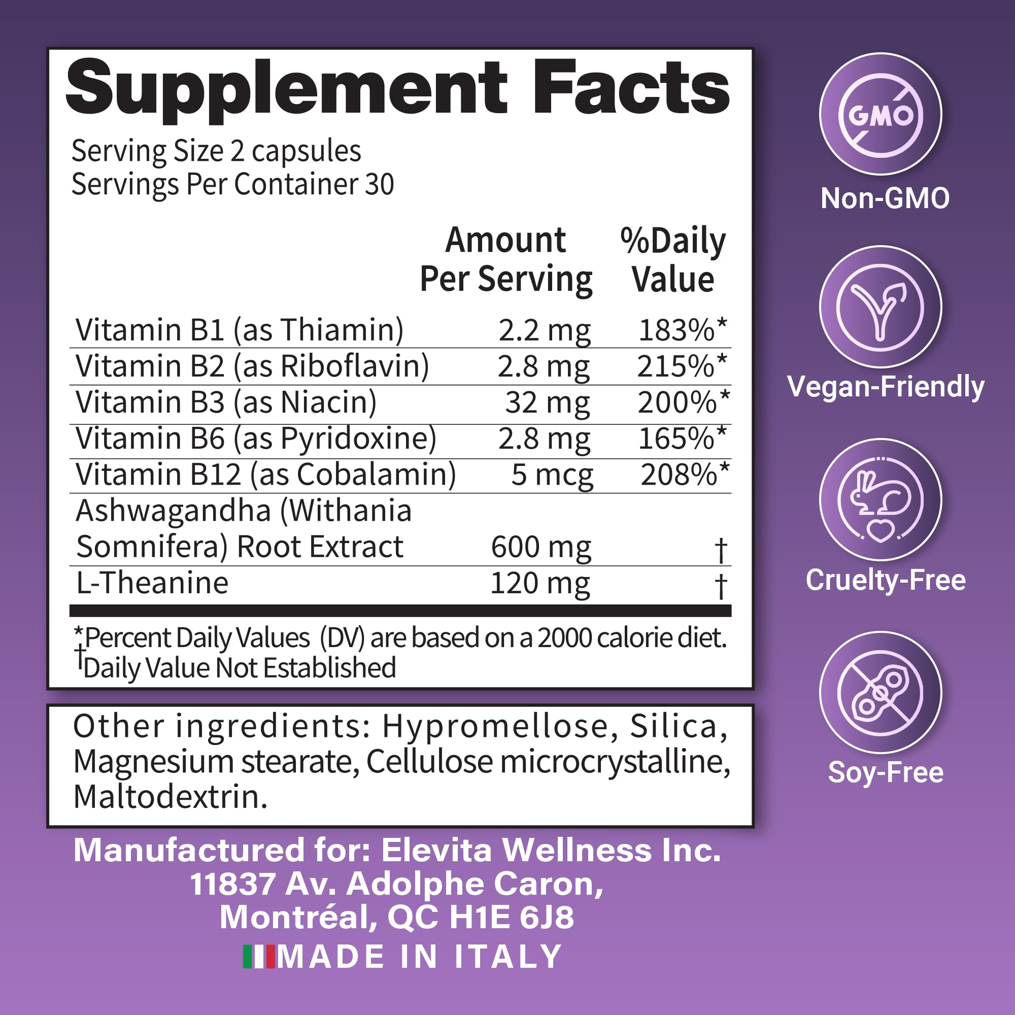 ELEVITA WELLNESS capsules with L-Theanine promote relaxed pre-bed calm.