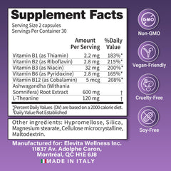 ELEVITA WELLNESS capsules with L-Theanine promote relaxed pre-bed calm.