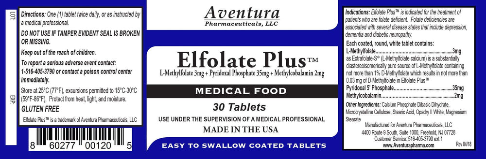 ELFOLATE Plus bottle label close-up showing purity and quality.