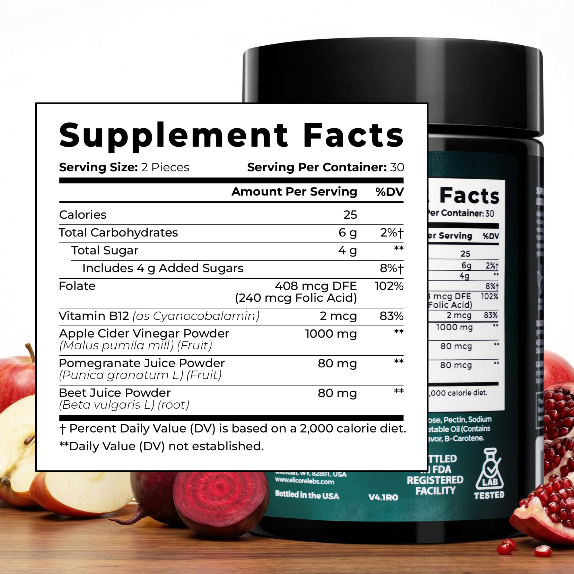 ELICORE gummies label shows B12 and folate for energy and cellular health
