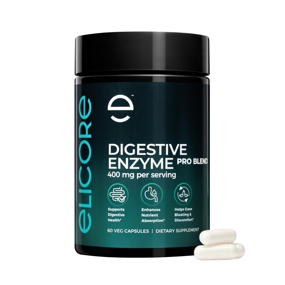ELICORE Digestive Enzyme Pro Blend bottle supports protein, fat, and carb digestion.