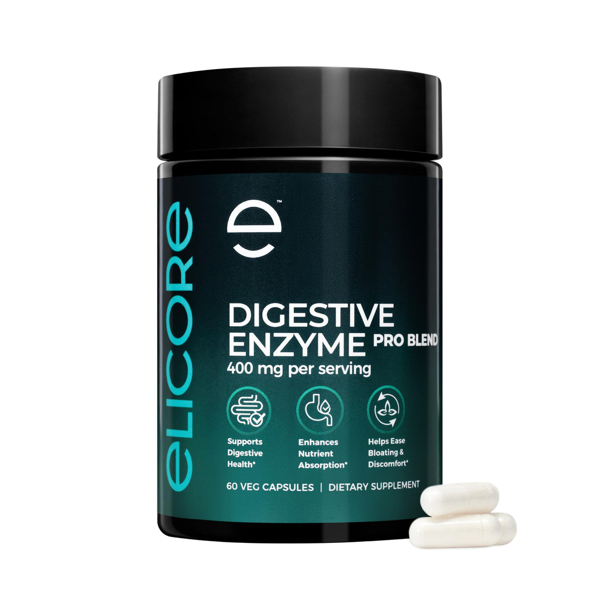 ELICORE Digestive Enzyme Pro Blend bottle supports protein, fat, and carb digestion.