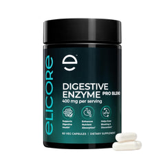 ELICORE Digestive Enzyme Pro Blend bottle supports protein, fat, and carb digestion.