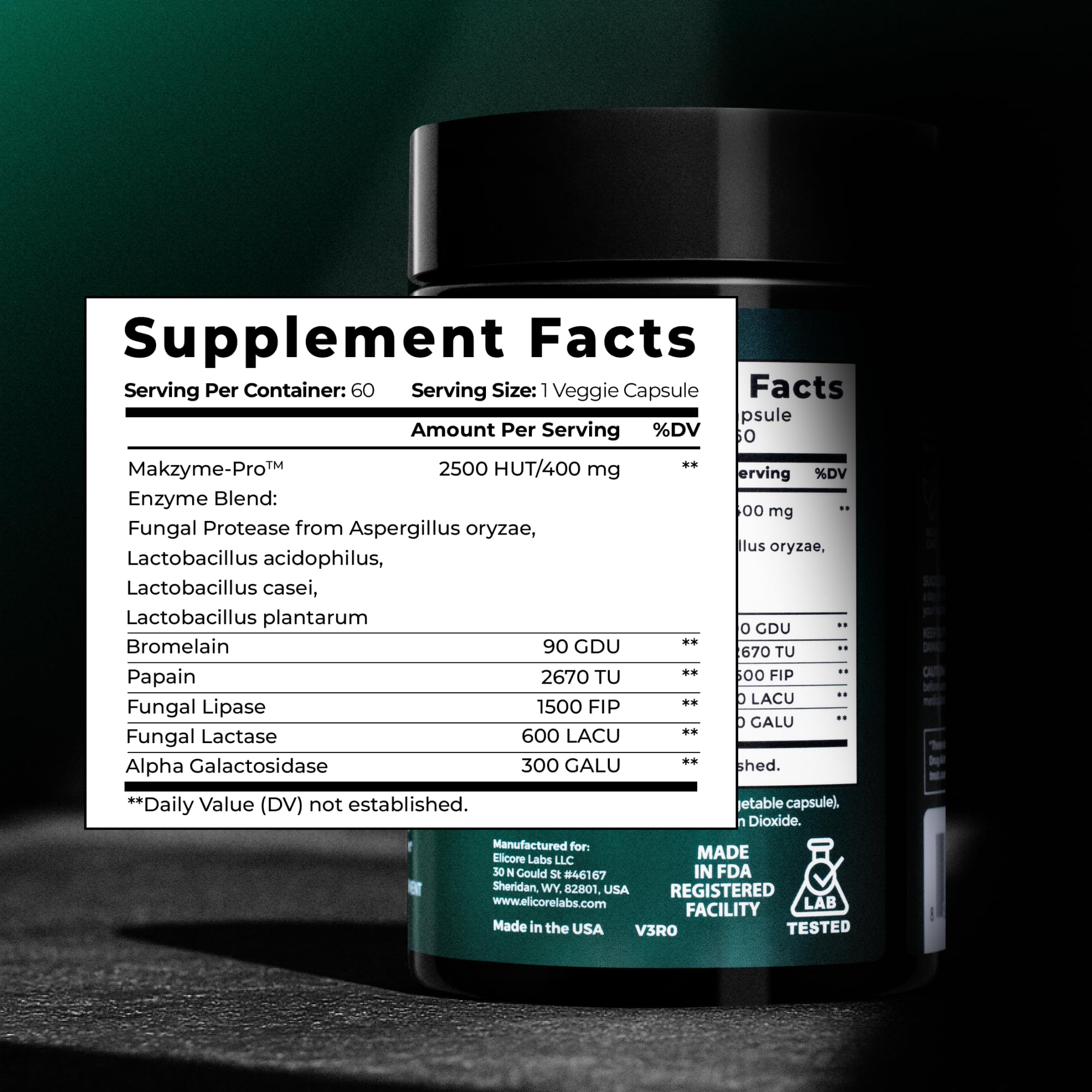 ELICORE Digestive Enzyme Pro Blend capsules may ease gas and bloating after meals.