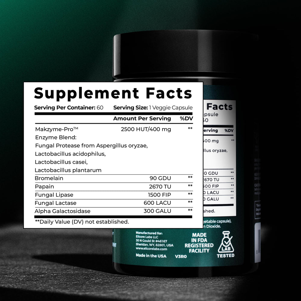 ELICORE Digestive Enzyme Pro Blend capsules may ease gas and bloating after meals.