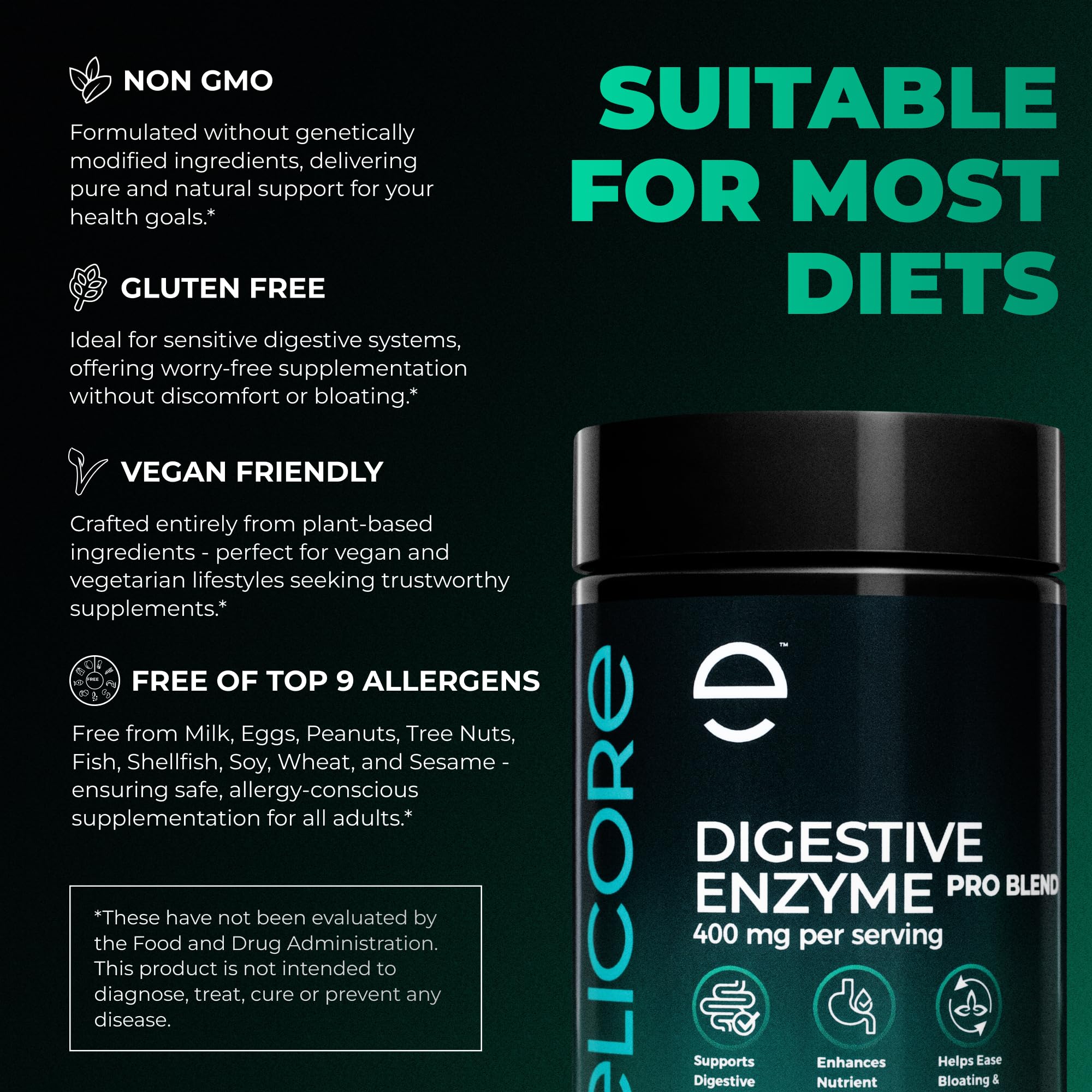 ELICORE Digestive Enzyme Pro Blend gluten-free symbol highlights clean ingredients.