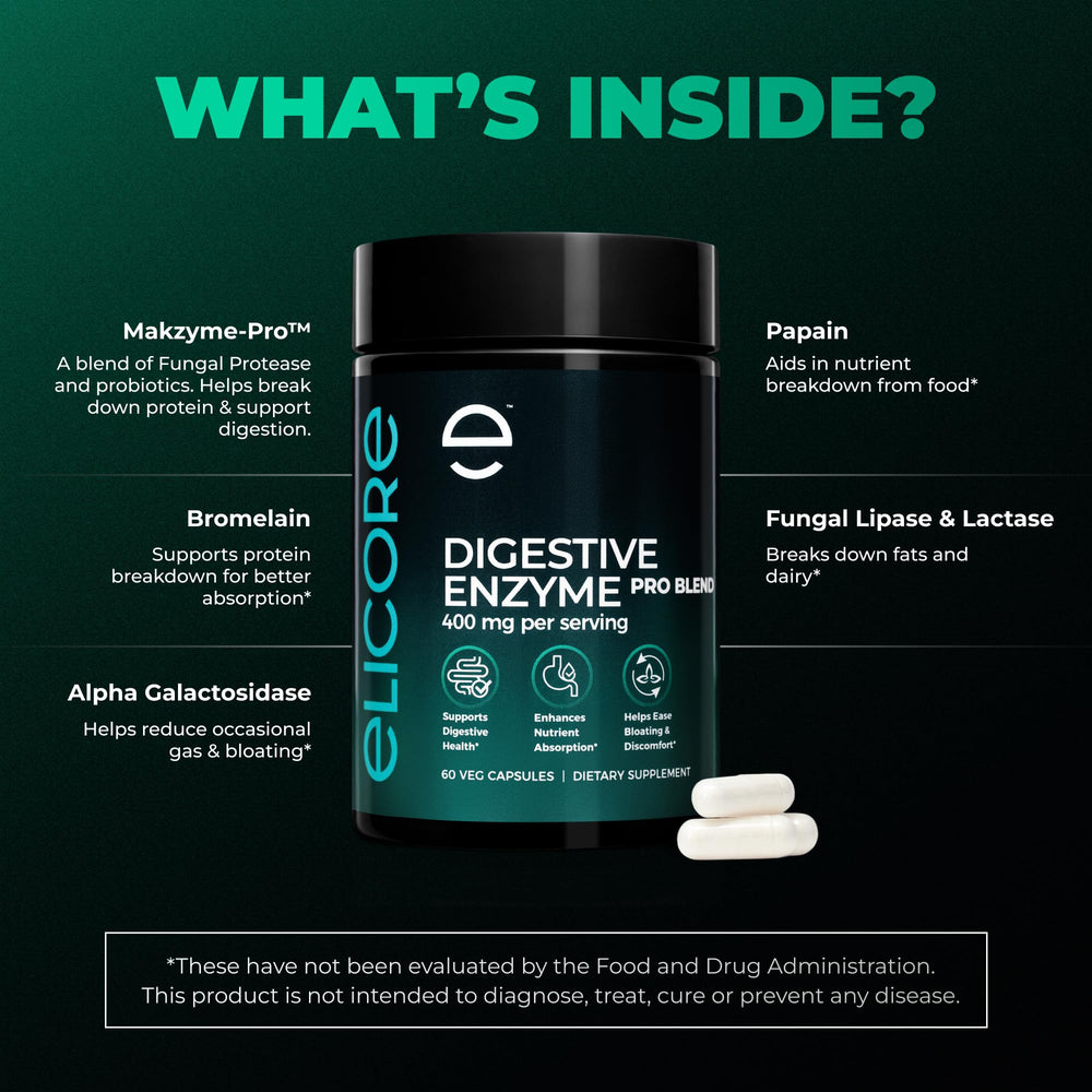 ELICORE Digestive Enzyme Pro Blend label-front displays gluten-free and USA-made details.