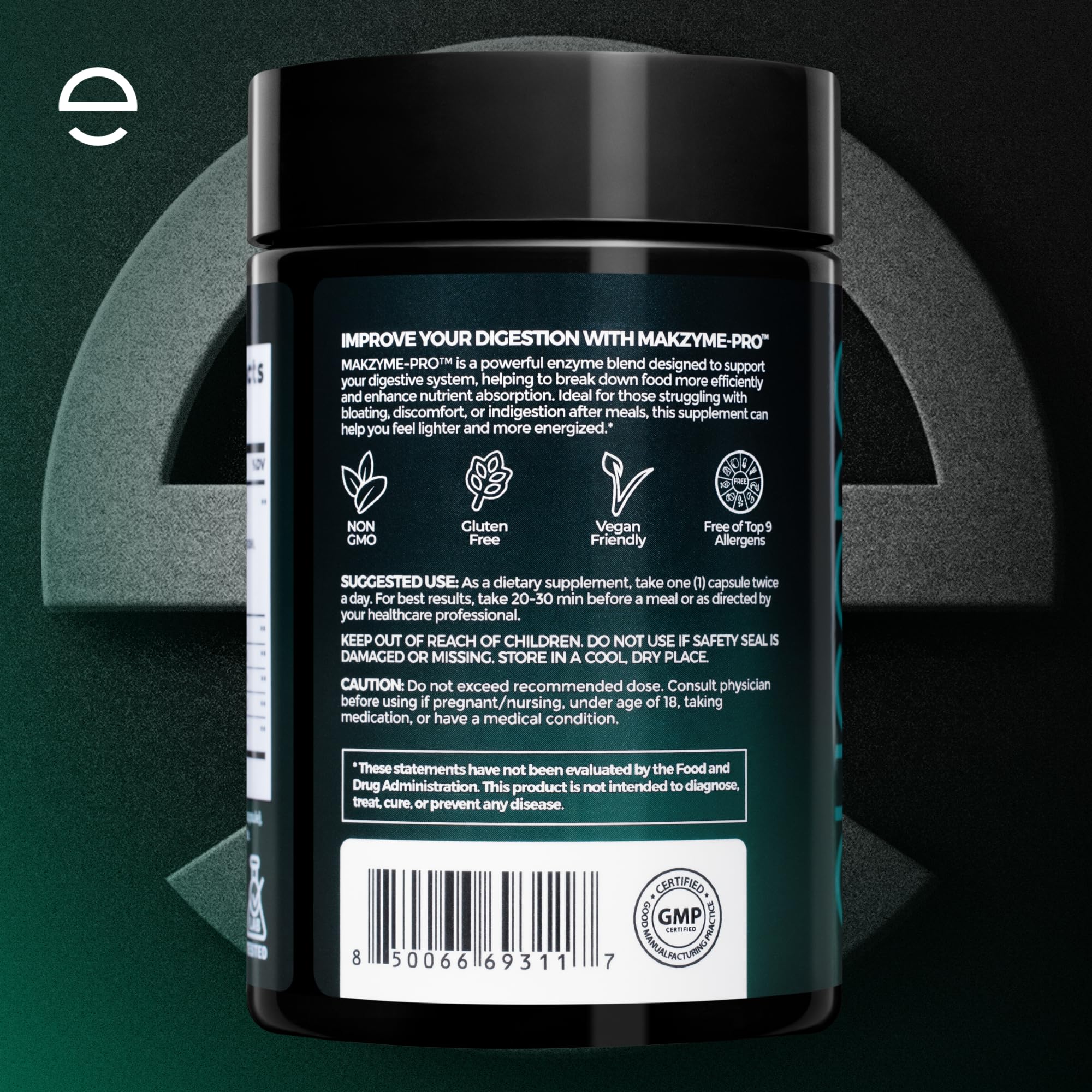 ELICORE Digestive Enzyme Pro Blend made-in-USA facility icon confirms quality.