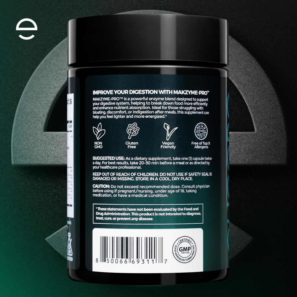 ELICORE Digestive Enzyme Pro Blend made-in-USA facility icon confirms quality.