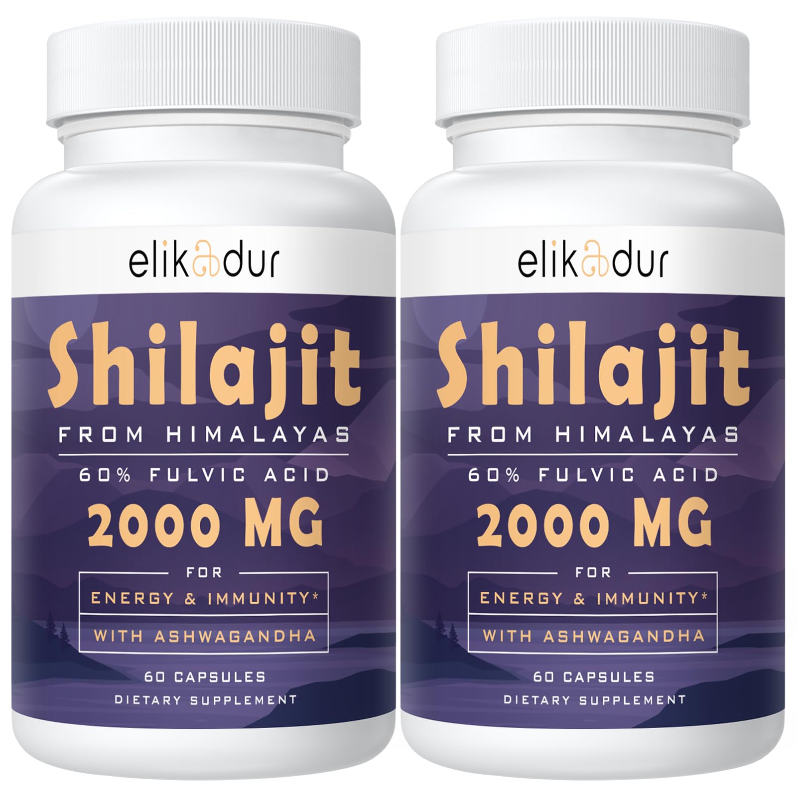 Elikadur 2000mg Shilajit capsules bottle, supporting daily energy and focus.