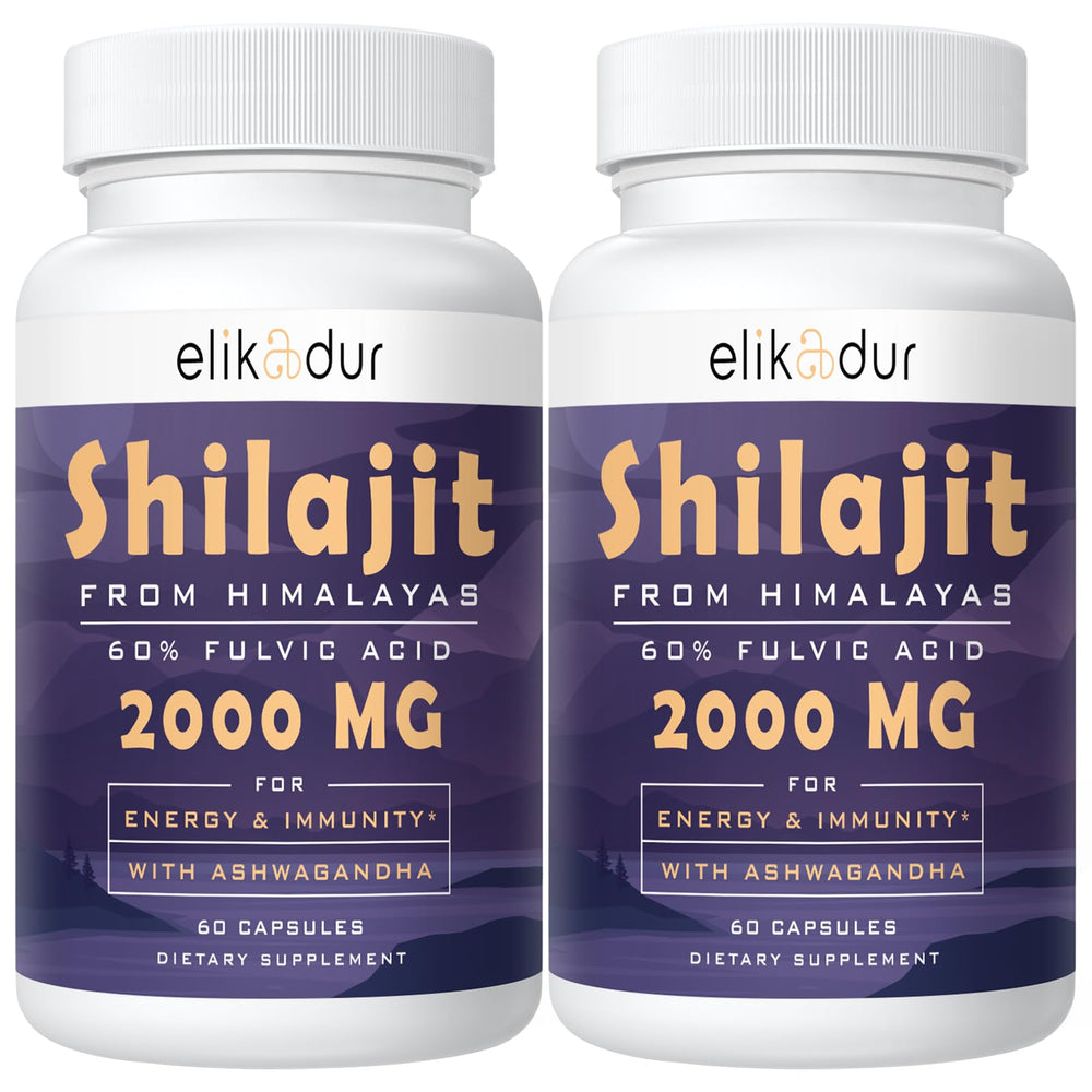 Elikadur 2000mg Shilajit capsules bottle, supporting daily energy and focus.