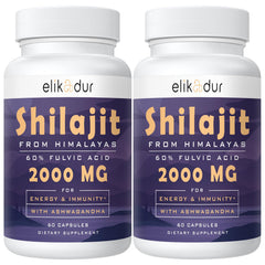 Elikadur 2000mg Shilajit capsules bottle, supporting daily energy and focus.