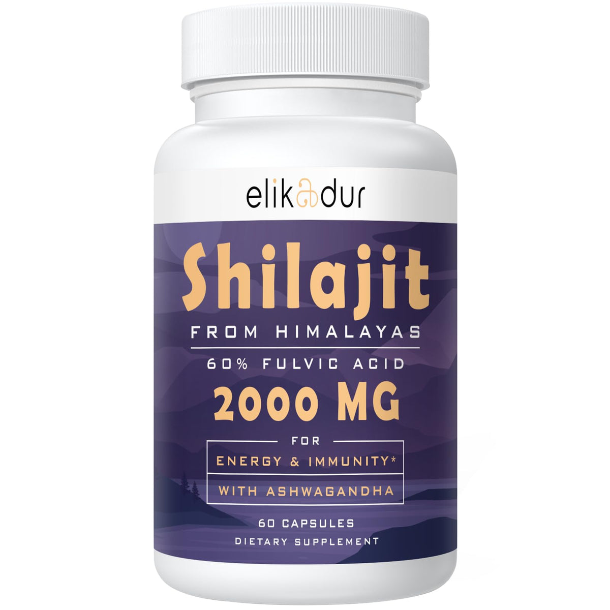 Elikadur Shilajit 2000mg capsules close-up highlights daily energy support.