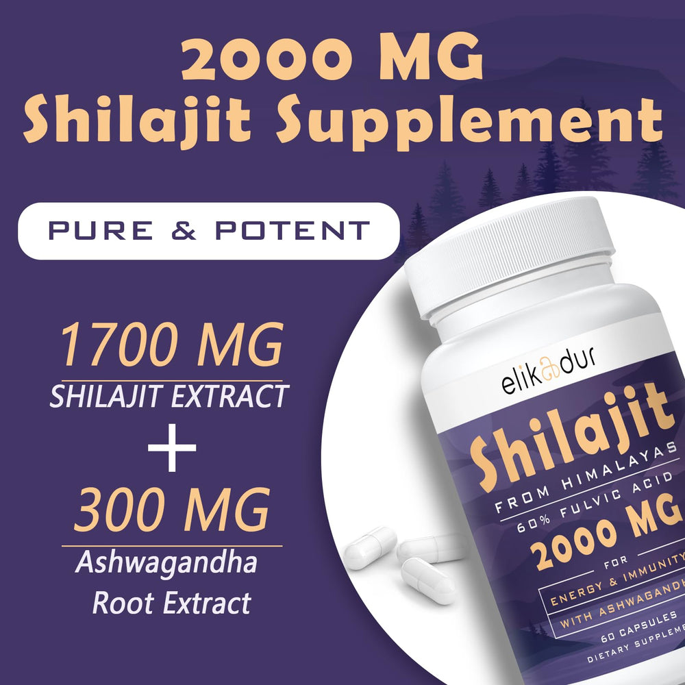 Elikadur Shilajit Ashwagandha capsules illustrate herbal balance and vitality.