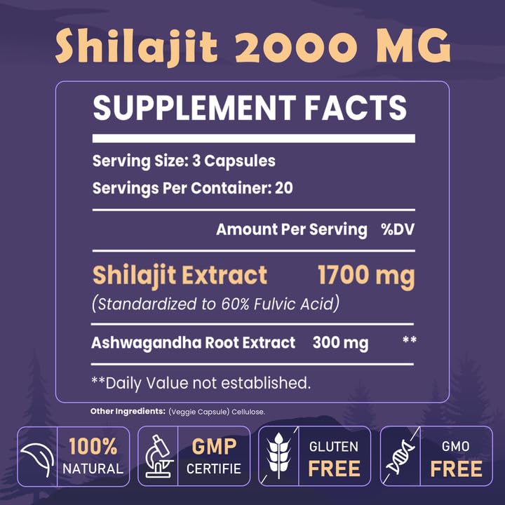Elikadur Shilajit capsules pack label closeup, highlighting purity and potency.