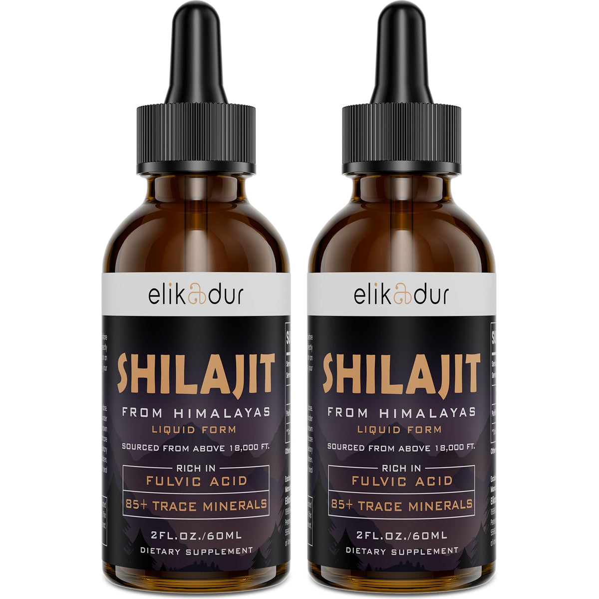 Elikadur Shilajit Drops bottle with dropper highlighting purity and easy daily use.
