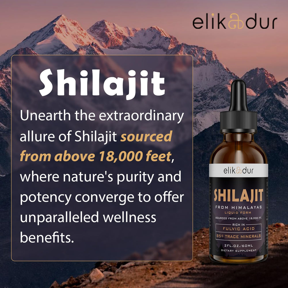 Elikadur Shilajit Drops daily-use lifestyle shot suggests vegan supplement fit.