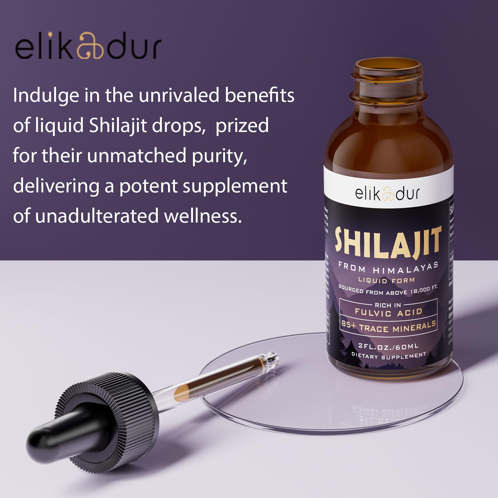 Elikadur Shilajit Drops easy-dose image demonstrates convenient dropper use for daily routines.
