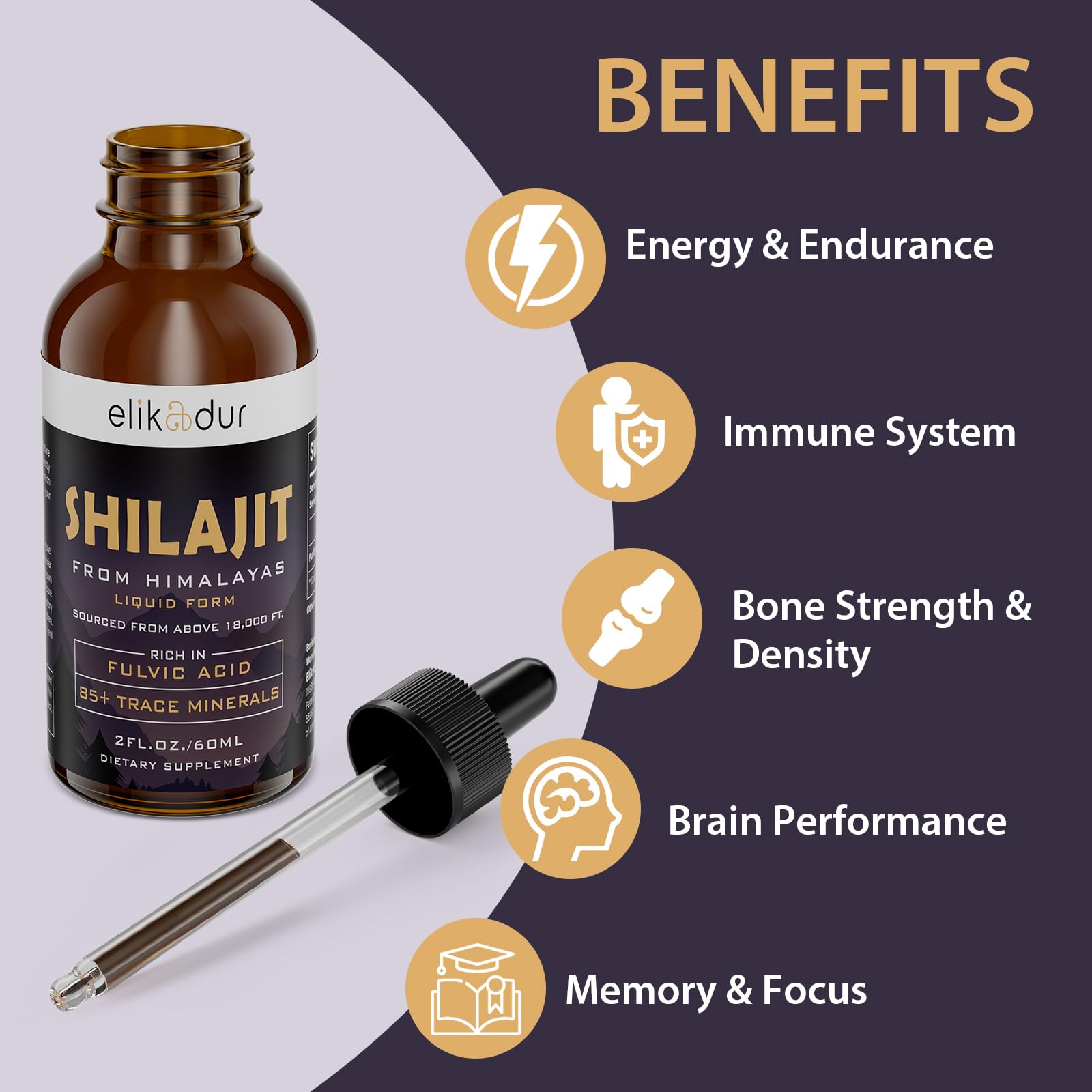 Elikadur Shilajit Drops mineral profile image showcases 85+ trace minerals.