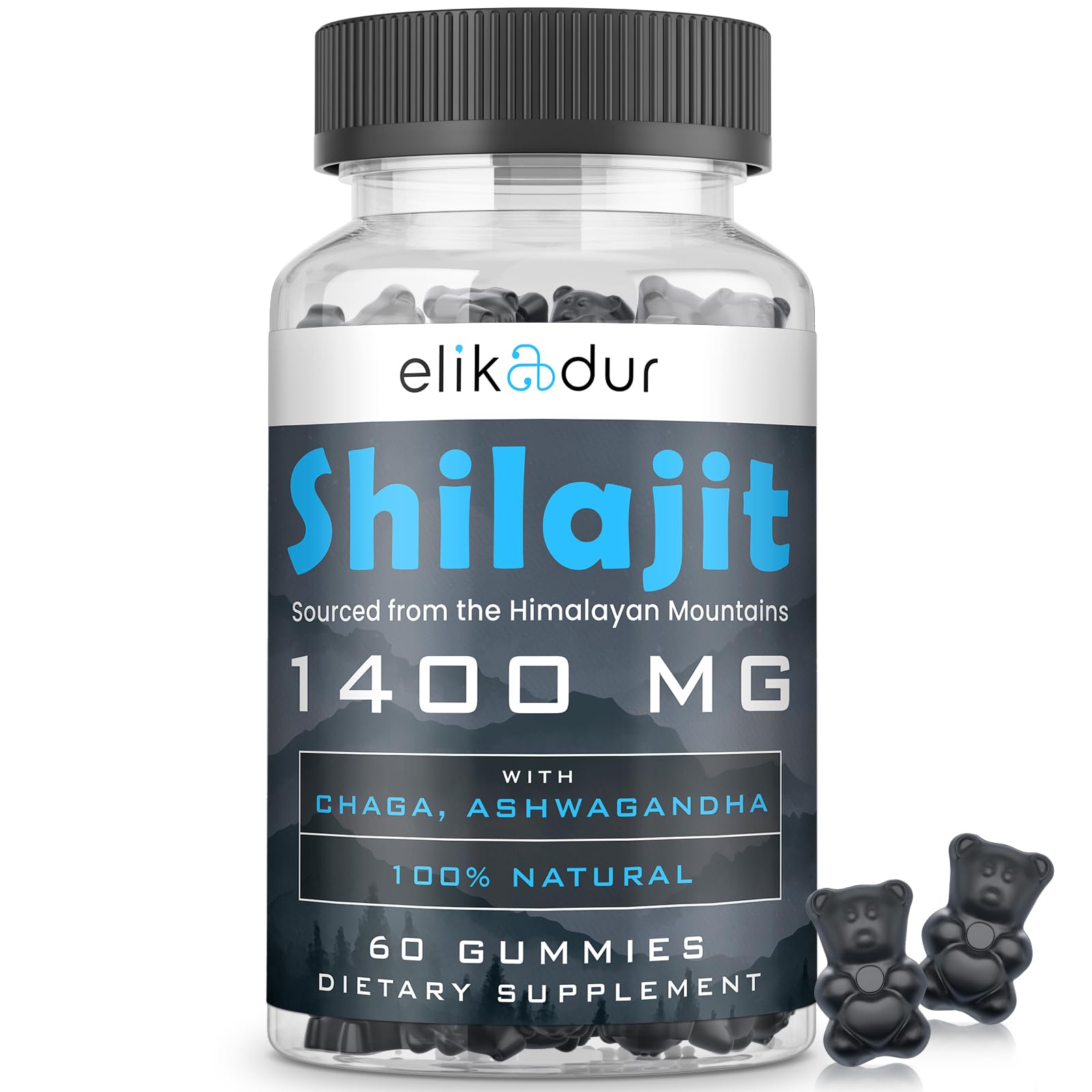 Elikadur Shilajit Gummies bottle front highlights vegan, sugar-free energy support.
